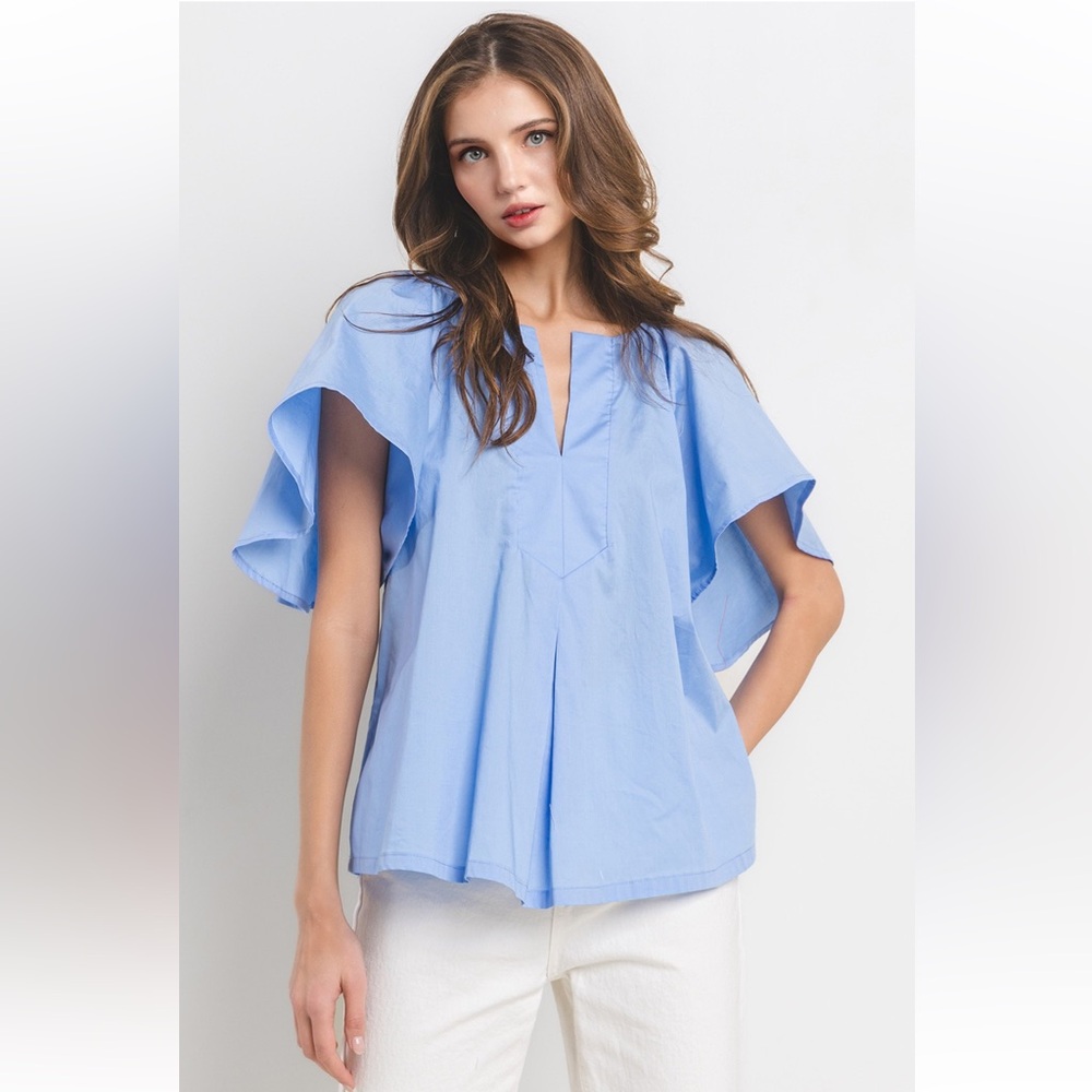 30 Boho Solid Flutter Sleeve Split Neck Top - Picture 3 of 6